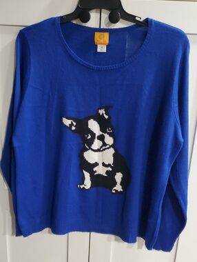 Ruby Rd. Cobalt Blue Crewneck Sweater with Black & White Puppy